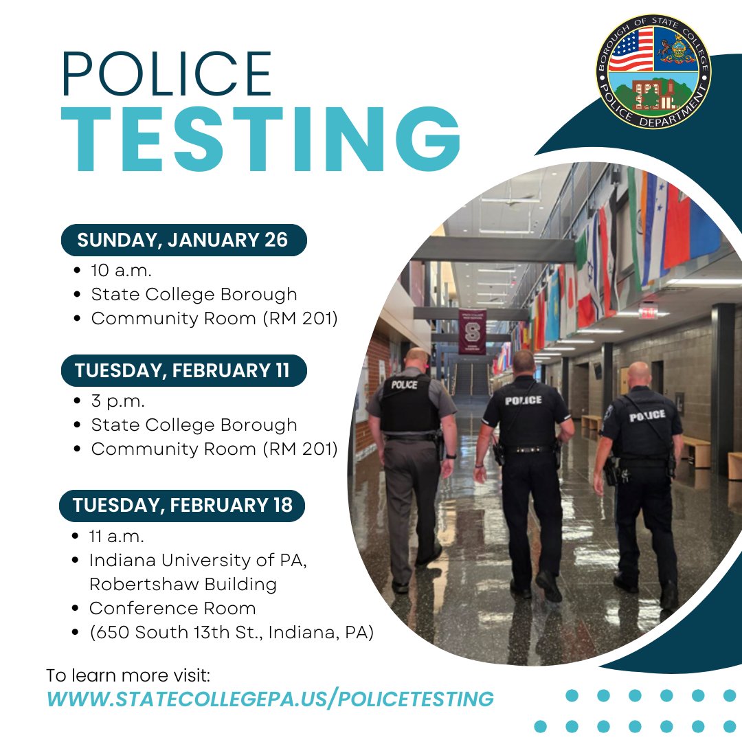 The State College Borough is now accepting applications for police testing to join the State College Police Department (SCPD). 

The deadline to register is Saturday, December 21, 2024. To register visit statecollegepa.us/policetesting.