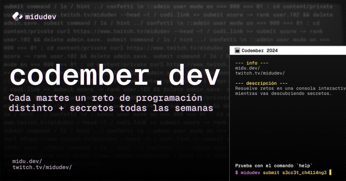 midudev's tweet image. ¡Practica programación mientras te diviertes!
→ codember.dev
✓ Gratuito y en Español
✓ Juego con retos y desafíos de código
✓ Sistema de logros y secretos por descubrir
✓ JavaScript, Python, PHP, Java... ¡elige tu lenguaje!