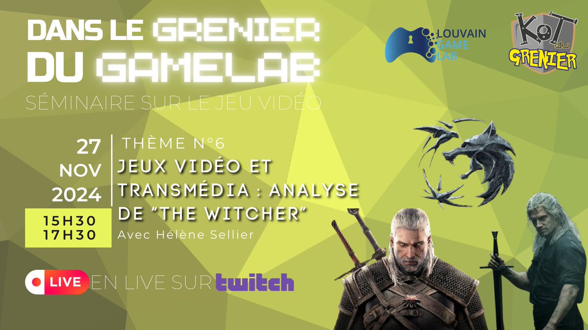 🎮 Rejoignez-nous pour le prochain séminaire "Dans le grenier du GameLab" Thème n°6 : Jeux vidéo et transmédia avec une analyse de The Witcher 🧙‍♂️ Hélène Sellier (<a href="/Ln_Sellier/">Hélène Sellier</a>) sera notre invitée !
📅 27 novembre, de 15h30 à 17h30
🔗 Twitch.tv/louvaingamelab
@UCLouvain_be