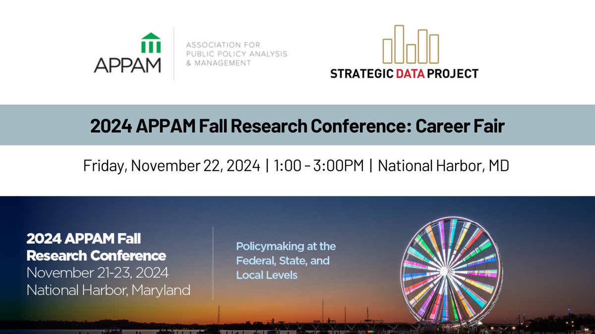 Are you going to #2024APPAM <a href="/APPAM_DC/">APPAM</a> next week? Are you on the job market? Stop by the Career Fair on Friday, November 22nd from 1:00pm - 3:00pm to learn more about the Strategic Data Project Fellowship at <a href="/HarvardCEPR/">Harvard CEPR</a>. #SDPfellow