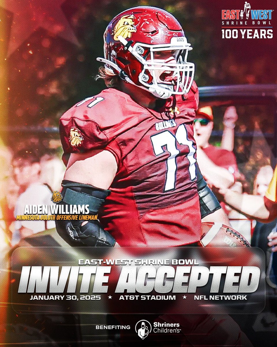 East-West Shrine Bowl (@shrinebowl) on Twitter photo Got a DOG up front 🐶
OL Aiden Williams (<a href="/aidenw56/">Aiden Williams</a>) from <a href="/UMD_Football/">UMD Football</a> has officially accepted his invite to the 100th East-West #ShrineBowl!
#BulldogCountry | #ShrineBowlWHOSNEXT 😎 Got a DOG up front 🐶
OL Aiden Williams (<a href="/aidenw56/">Aiden Williams</a>) from <a href="/UMD_Football/">UMD Football</a> has officially accepted his invite to the 100th East-West #ShrineBowl!
#BulldogCountry | #ShrineBowlWHOSNEXT 😎