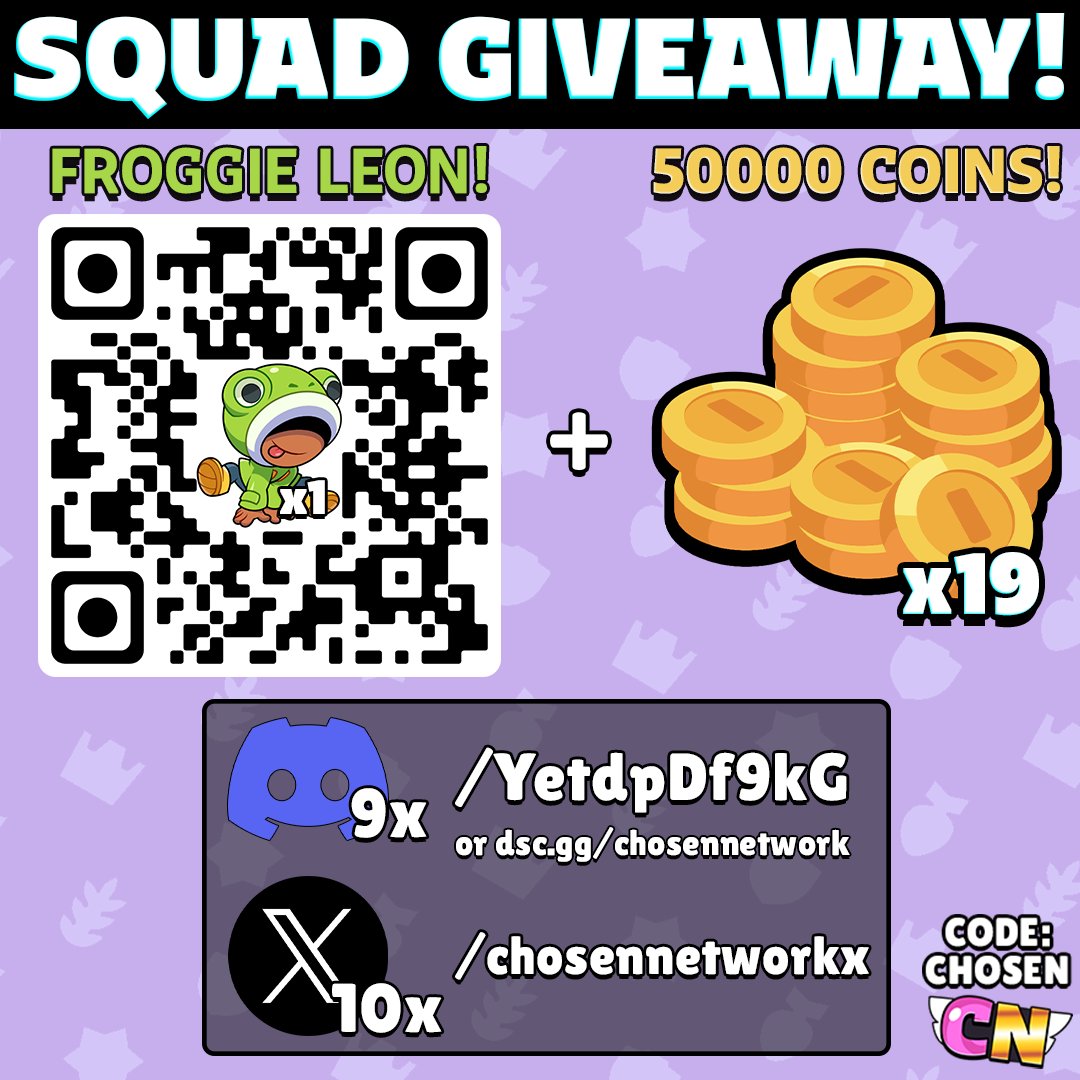 Free Froggie Leon Skin + 19x 50000 Coins Giveaway! 🔥

Claim the leon skin from this link or scan the QR Code: link.squadbusters.com/voucher/leon-C…

To enter for 10x 50000 Coins:
• Follow @ChosenNetworkX 🤝
• Like &amp; Repost this tweet ❤️♻️
• Optional: Use Code Chosen 🫶

Join the discord to