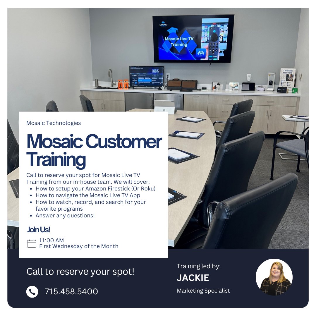 tech_mosaic's tweet photo. 📅 Join us for Mosaic Customer Training on the first Wednesday of every month! Get expert tips on Mosaic Live TV, MosaicEdge Managed Wi-Fi, and more. Empower yourself with the tools and knowledge to enhance your Mosaic experience!

#ExperienceMosaic https://t.co/Vsih2QDg4N