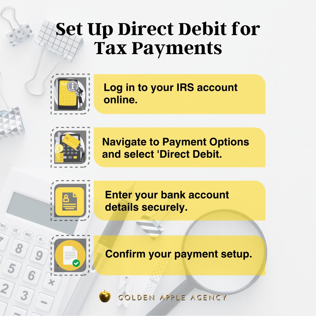 goldenappleagen's tweet image. 💳 Set up a direct debit payment for stress-free tax payments! Automate your finances &amp;amp; focus on what matters: growing your business. 📈✨ #DirectDebit #TaxHelp #AutomatedPayments #BizFinance #TaxTime #StayOrganized #SmallBizTips #FinancialWellness #goldenappleagencyinc