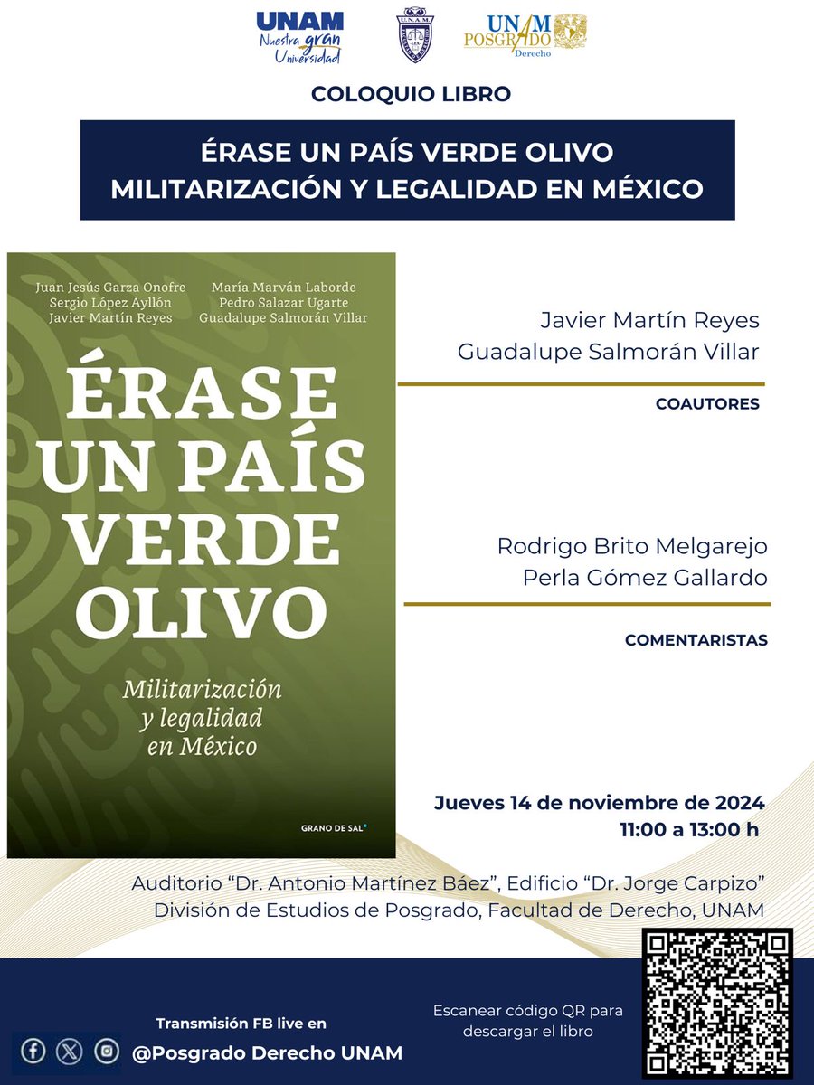 Javier Martín Reyes (@jmartinreyes) on Twitter photo Hoy, <a href="/gpe_salmoran/">Guadalupe Salmorán Villar</a> y yo tendremos el honor de presentar nuestro libro en la Facultad de <a href="/DerechoUNAMmx/">Facultad de Derecho</a>.
Nos acompañarán Rodrigo Brito y Perla Gallardo.
En tiempos de militarización, conviene recordar cómo llegamos a aquí.
Gracias a <a href="/imerbflores/">Imer B Flores</a> por la generosa invitación. Hoy, <a href="/gpe_salmoran/">Guadalupe Salmorán Villar</a> y yo tendremos el honor de presentar nuestro libro en la Facultad de <a href="/DerechoUNAMmx/">Facultad de Derecho</a>.
Nos acompañarán Rodrigo Brito y Perla Gallardo.
En tiempos de militarización, conviene recordar cómo llegamos a aquí.
Gracias a <a href="/imerbflores/">Imer B Flores</a> por la generosa invitación.