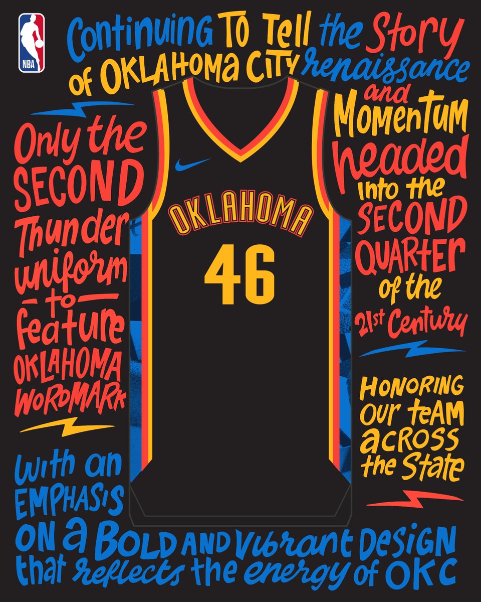 NBA's tweet photo. The Thunder's 2024-25 Nike NBA City Edition Jersey continues Oklahoma City's renaissance story, celebrating the energy and creativity driving the community. The bold design reflects the city’s evolving landscape, from art and fashion to food and public transport, pushing culture forward.
