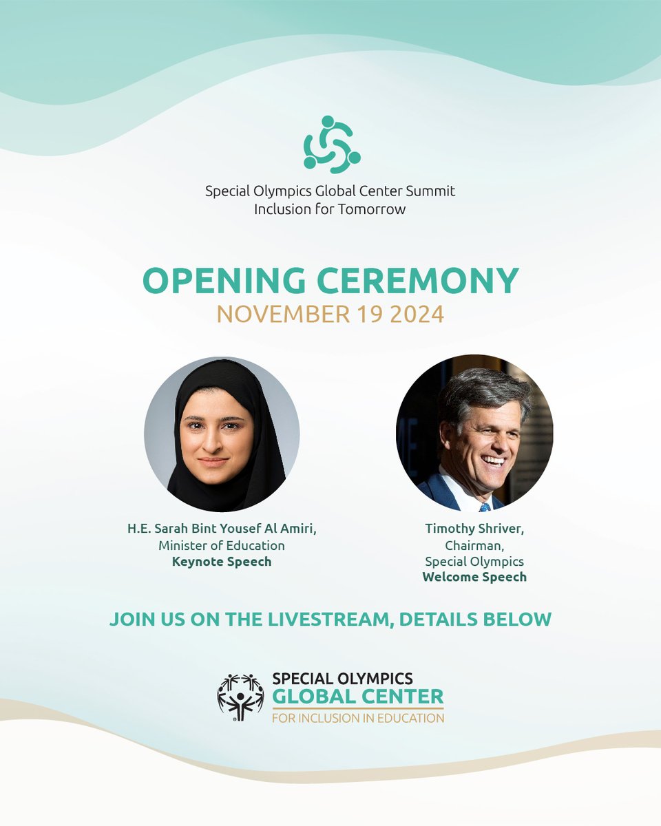 We're thrilled to have H.E. Sarah Bint Yousef Al Amiri, Minister of Education &amp; <a href="/TimShriver/">timshriver</a>, Chairman of Special Olympics for the opening ceremony of the Special Olympics Global Center for Inclusion’s Global Summit. Join the livestream on 19 November: brnw.ch/21wODjO