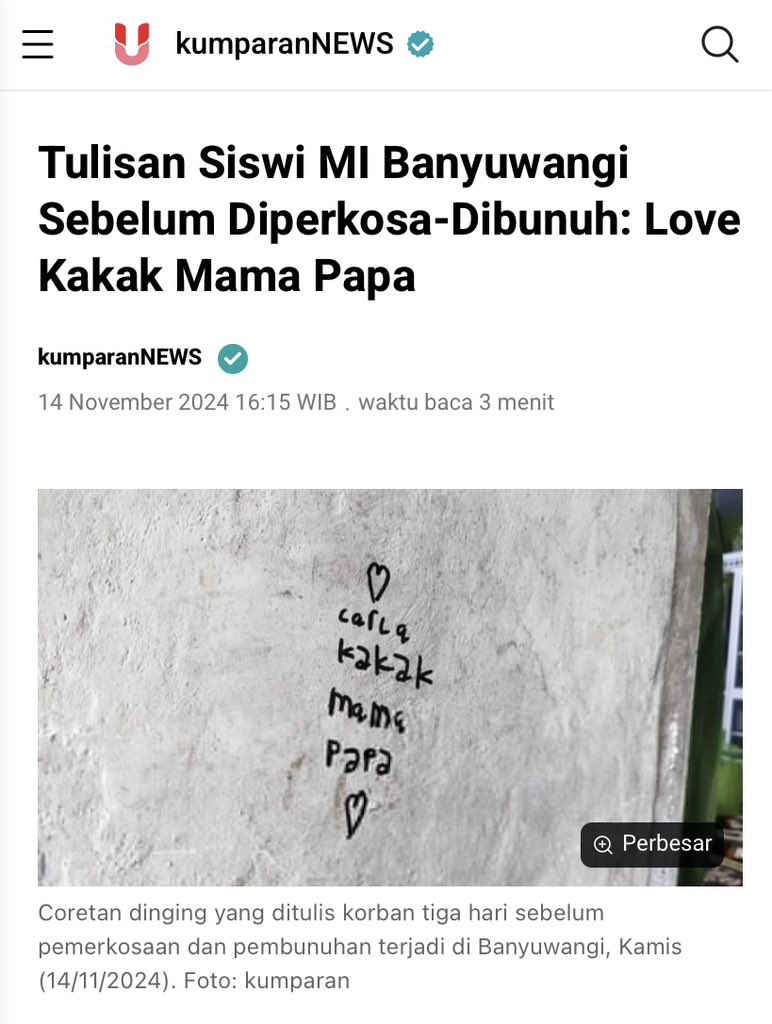 siswi kelas 1 MI (setara SD) ditemukan tewas ± 100 meter dari rumahnya

korban ditemukan tertelentang di semak-semak pakai seragam tapi celana melorot &amp; kancing baju tercecer

korban yg masih berusia 7 tahun diduga dicegat sepulang sekolah, diperkosa lalu dibunuh 😢