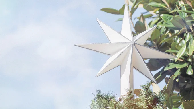 青空のクリスマス夜もいいけど 太陽の光に飾りが照らされてきらきらするのを眺めるのも好き 