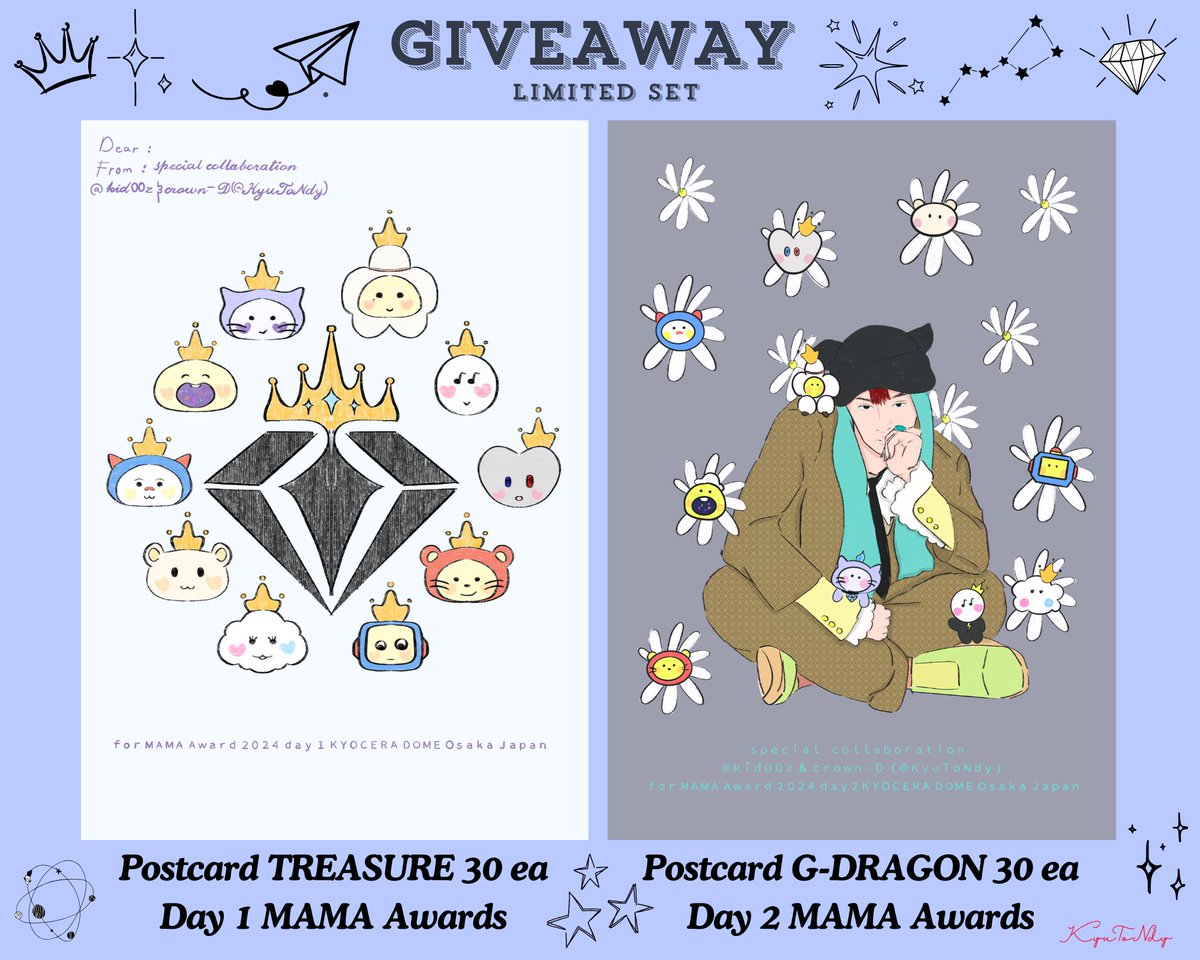KyuToNdy's tweet photo. プレゼントタイム

スペシャルコラボレーション Crown-D @KyuToNdy と@kid00z 

フォロー、RT、そしてこのツイートを見せてください!

🗓️ 2024年11月22-23日
📍 京セラドーム
⏰ 午後4時 - 終了 (Day 1), 午後1時 - 終了

#2024MAMAAWARDS 
#GD_2024MAMAAWARDS
#TREASURE_2024MAMAAWARDS
#VIP_TEUME https://t.co/dukBeVUF6Q
