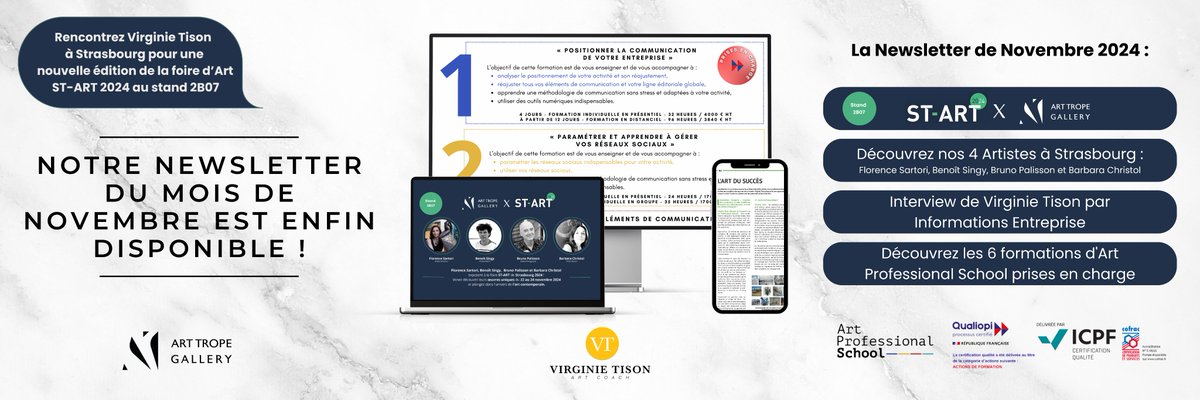⚡️[#newsletter #ArtFair #Press #formations]
🖼️Retrouvez <a href="/ArtTropeGallery/">ART TROPE GALLERY</a> à #START2024 pour découvrir nos Artistes!
📢Lisez l’interview «L’art du succès» de <a href="/VirginieTison/">Virginie Tison</a> sur Infos Entreprise
🚀Explorez les formations <a href="/artproschool/">ArtProfessionalSchool</a> certifiées #Qualiopi!
👉bit.ly/4eu3unC