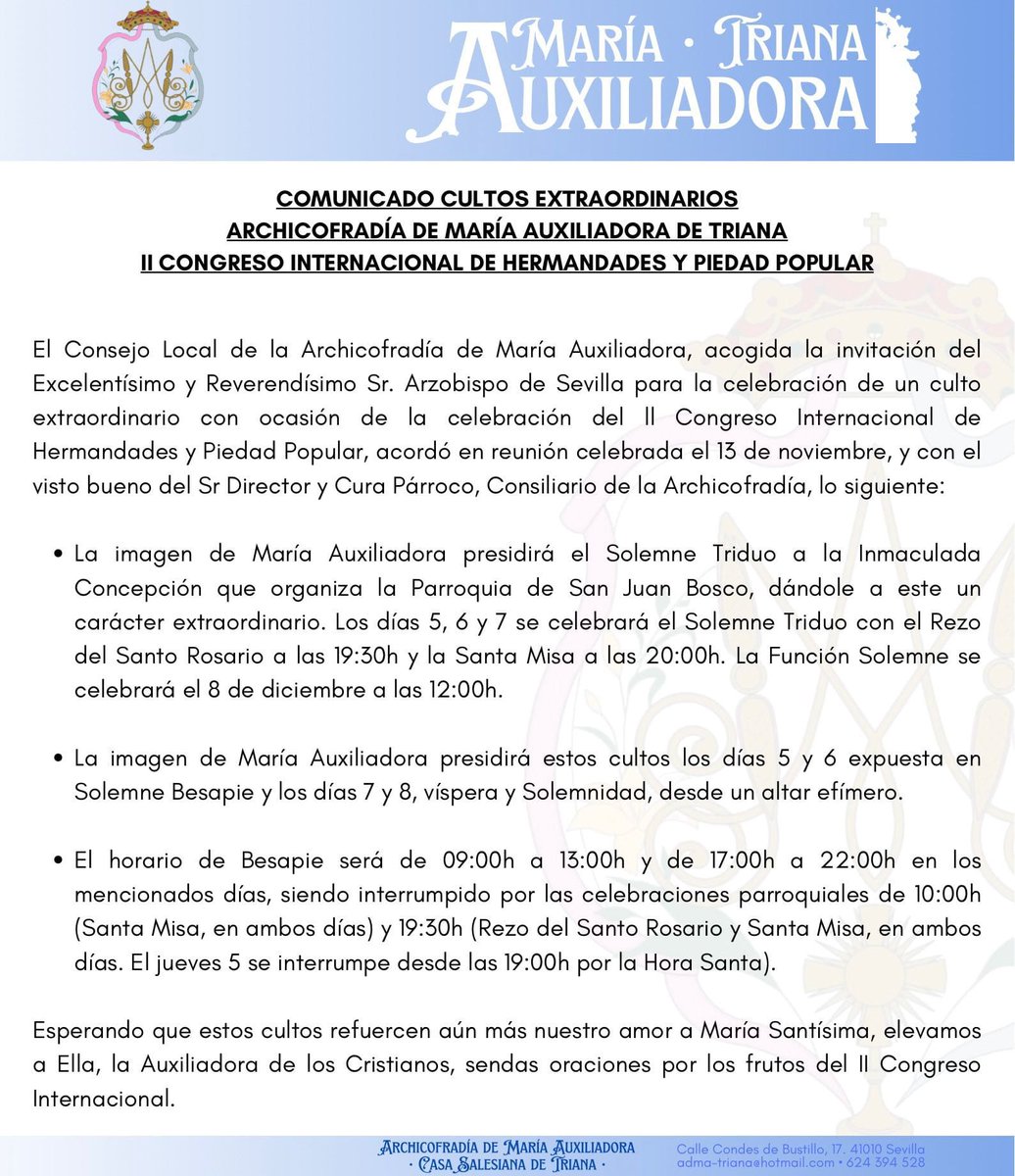 🟢 #EstandarteDS | Con motivo del II <a href="/congresoihpp/">II Congreso Int. de Hermandades y Piedad Popular</a>, María <a href="/AuxiTriana/">Auxiliadora de Triana</a> estará expuesta en besapié y presidirá el triduo parroquial a la Inmaculada Concepción en la <a href="/pSJBtriana/">Parroquia San Juan Bosco</a>
📸 ADMA
#GloriasSevilla24