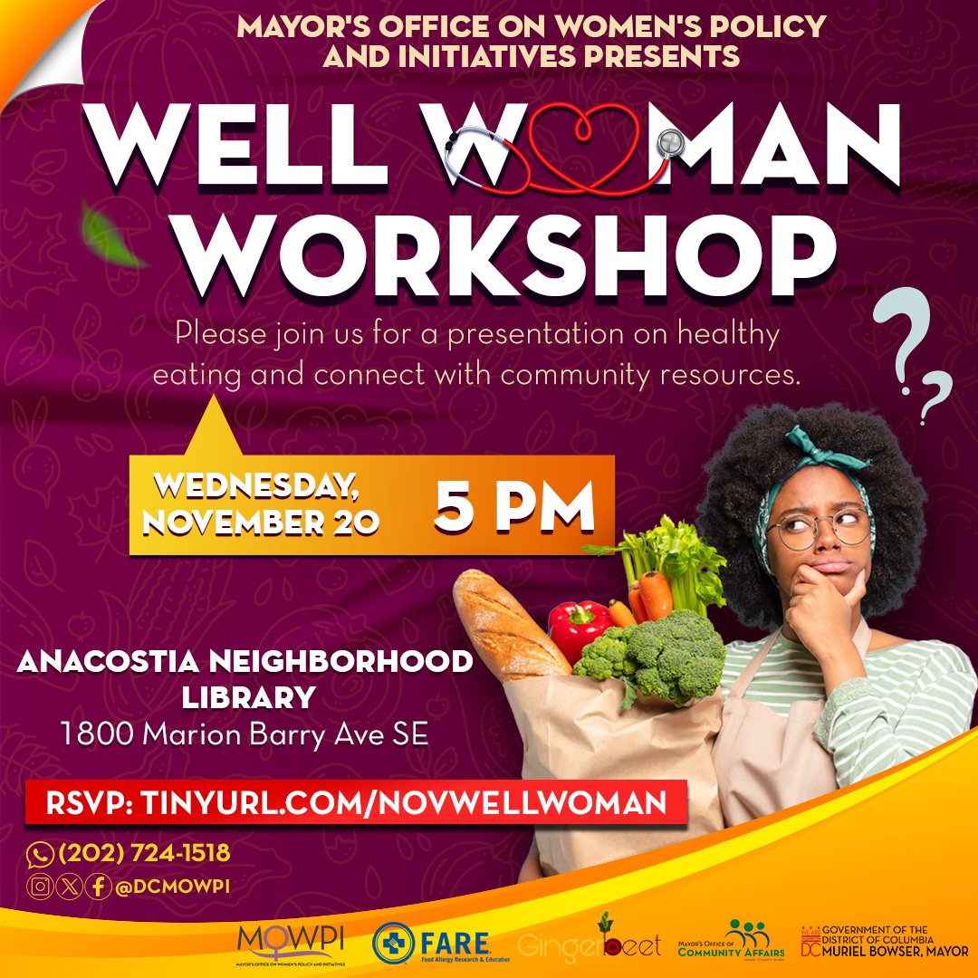 💜Its almost time!

Join us at our Well Woman Workshop 🩺

November’s topic: Healthy Eating 🍎🍇🥦

@gingerbeetdc will be bringing the knowledge and plant-based eats 🌱

🗓️ Wednesday November 20th
⏰5pm
📍Anacostia Neighborhood Library
