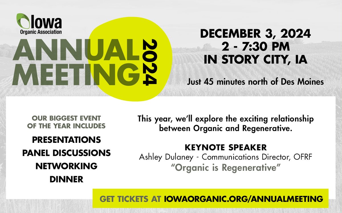 Iowa Organic Association (@iaorganic) on Twitter photo Farmers: Join us Dec 3 in Story City, IA for presentations and discussions with other farmers about organic & regenerative ag and how it can benefit you. Prices go up 11/19 so register today! iowaorganic.org/annualmeeting
#iowaag #organic #regenerative #iowa <a href="/OFRF/">OrganicFarm Research</a> <a href="/OrganicFarmersA/">Organic Farmers Association</a> Farmers: Join us Dec 3 in Story City, IA for presentations and discussions with other farmers about organic & regenerative ag and how it can benefit you. Prices go up 11/19 so register today! iowaorganic.org/annualmeeting
#iowaag #organic #regenerative #iowa <a href="/OFRF/">OrganicFarm Research</a> <a href="/OrganicFarmersA/">Organic Farmers Association</a>