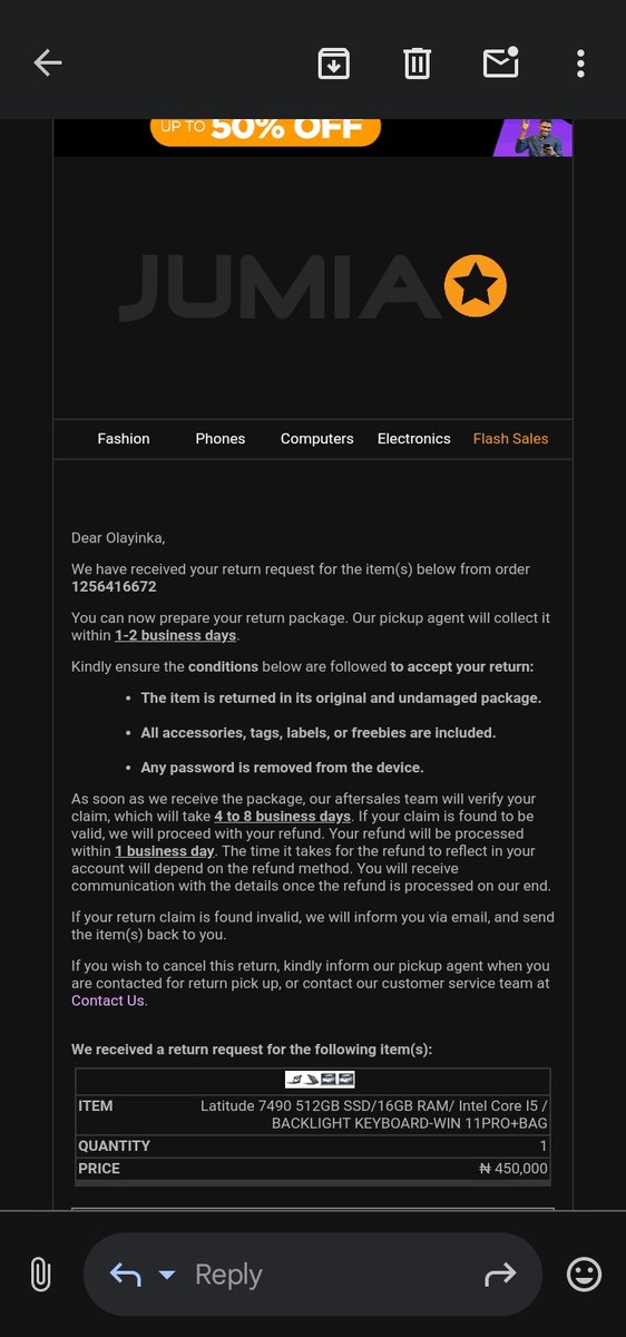 WealthSmith15's tweet photo. @JumiaNGHelp Order Nº 1256416672 

I requested for return since on Monday, it was stated in the mail that you guys sent to me that a pick up agent would contact me in 1-2 business day, today is Thursday it's been 2 days already.  
What's going on? @JumiaNigeria @Jumia_Group https://t.co/f6x9HMCsVf