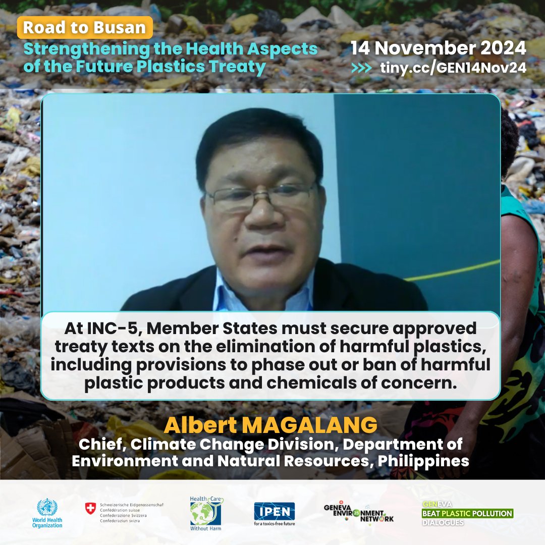 GENeva Environment Network (@genetwork) on Twitter photo <a href="/WHO/">World Health Organization (WHO)</a> <a href="/HCWHGlobal/">HCWH - Global</a> <a href="/ToxicsFree/">IPEN: toxics-free</a> <a href="/PeruEnGinebra/">Misión del Perú en Ginebra</a> <a href="/bafuCH/">BAFU - OFEV - UFAM - FOEN</a> <a href="/PHinGeneva/">Philippine Mission UN Geneva</a> <a href="/IFPMA/">IFPMA</a> <a href="/FokusNexus3/">Nexus3 Foundation</a> <a href="/minderoo/">Minderoo Foundation</a> <a href="/ismawati64/">Yuyun Ismawati</a> <a href="/Ethiopianmissio/">Ethiopia@UN, Geneva </a> <a href="/GeorgiaGeneva/">Georgia UN/Geneva</a> <a href="/BAG_OFSP_UFSP/">BAG – OFSP – UFSP</a> <a href="/BernardoRocaRey/">Bernardo Roca-Rey Ross</a> <a href="/ljonyon/">Lesley Onyon</a> <a href="/FVLCali/">Fundación Valle del Lili</a> Albert Magalang of <a href="/DENROfficial/">Department of Environment and Natural Resources</a> shares the #Philippines' support for possible phase out or reduction of chemicals and polymers of concern.
He also highlights the need for global lists & criteria for identification of plastic products & chemicals of concern, esp. most harmful. <a href="/WHO/">World Health Organization (WHO)</a> <a href="/HCWHGlobal/">HCWH - Global</a> <a href="/ToxicsFree/">IPEN: toxics-free</a> <a href="/PeruEnGinebra/">Misión del Perú en Ginebra</a> <a href="/bafuCH/">BAFU - OFEV - UFAM - FOEN</a> <a href="/PHinGeneva/">Philippine Mission UN Geneva</a> <a href="/IFPMA/">IFPMA</a> <a href="/FokusNexus3/">Nexus3 Foundation</a> <a href="/minderoo/">Minderoo Foundation</a> <a href="/ismawati64/">Yuyun Ismawati</a> <a href="/Ethiopianmissio/">Ethiopia@UN, Geneva </a> <a href="/GeorgiaGeneva/">Georgia UN/Geneva</a> <a href="/BAG_OFSP_UFSP/">BAG – OFSP – UFSP</a> <a href="/BernardoRocaRey/">Bernardo Roca-Rey Ross</a> <a href="/ljonyon/">Lesley Onyon</a> <a href="/FVLCali/">Fundación Valle del Lili</a> Albert Magalang of <a href="/DENROfficial/">Department of Environment and Natural Resources</a> shares the #Philippines' support for possible phase out or reduction of chemicals and polymers of concern.
He also highlights the need for global lists & criteria for identification of plastic products & chemicals of concern, esp. most harmful.