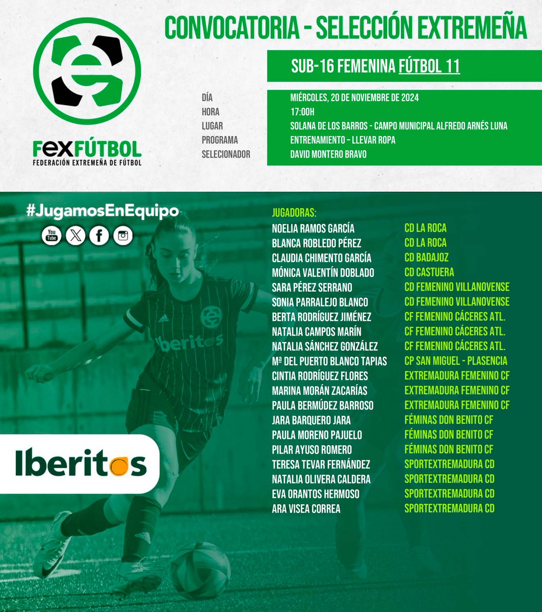 💚🤍🖤 | #SelecciónExtremeña |

📌Nuevas convocatorias para las selecciones extremeñas sub-14 y sub-16 femeninas el miércoles 20 de noviembre en 📍Solana de los Barros.

#SomosFEXFUTBOL
#VamosExtremeña