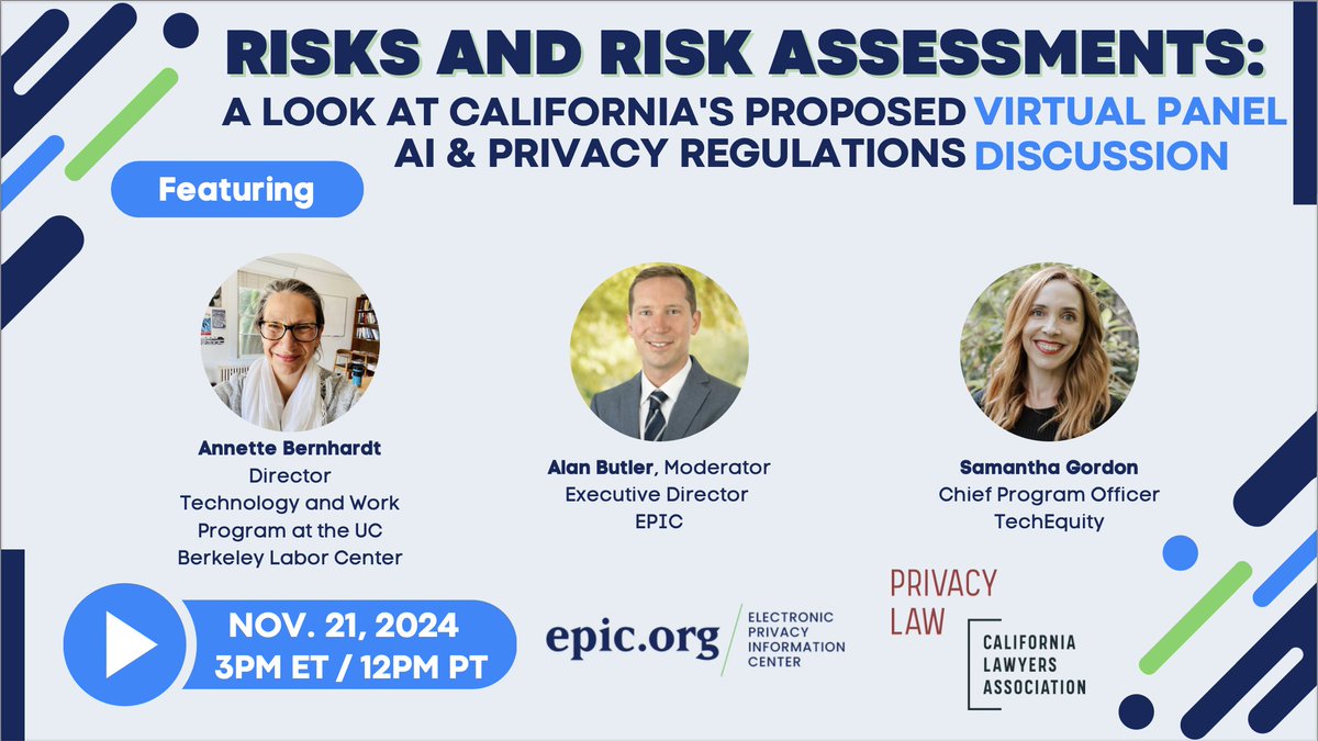 EPIC (@epicprivacy) on Twitter photo Join EPIC, <a href="/CLAPrivacyLaw/">CLA Privacy Law Section</a>, & expert panelists like Annette Bernhardt, Director of the Technology and Work Program at the UC Berkeley Labor Center, and Samantha Gordon, Chief Program Officer at <a href="/TECollab/">TechEquity</a>, on 11/21 to discuss <a href="/CalPrivacy/">California Privacy Protection Agency</a>'s proposed AI regs.
epic.zoom.us/webinar/regist… Join EPIC, <a href="/CLAPrivacyLaw/">CLA Privacy Law Section</a>, & expert panelists like Annette Bernhardt, Director of the Technology and Work Program at the UC Berkeley Labor Center, and Samantha Gordon, Chief Program Officer at <a href="/TECollab/">TechEquity</a>, on 11/21 to discuss <a href="/CalPrivacy/">California Privacy Protection Agency</a>'s proposed AI regs.
epic.zoom.us/webinar/regist…