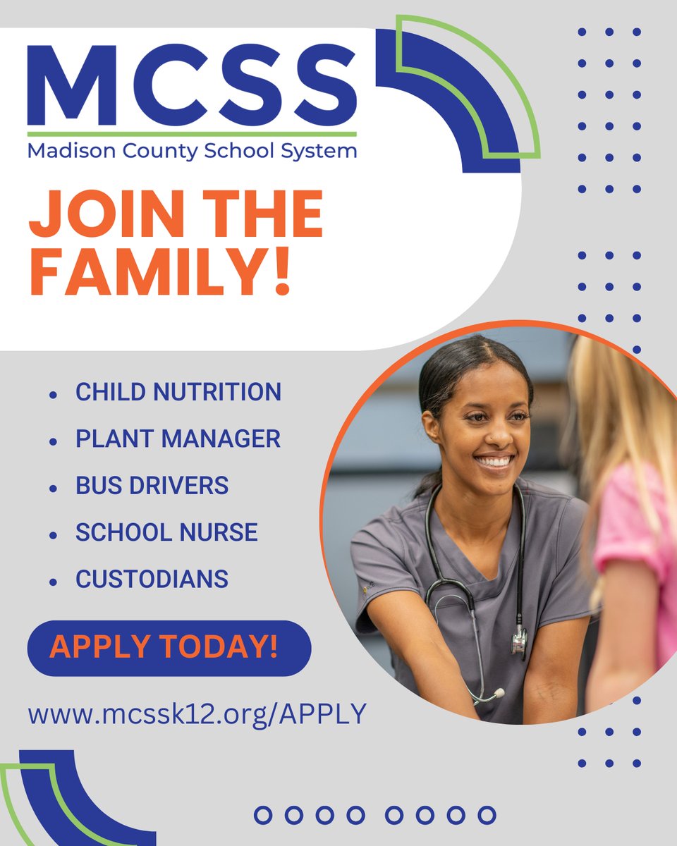 Join the MCSS Family! The Madison County School System is hiring for district and student support positions! Ready to make an impact? Visit mcssk12.org/apply to learn more and apply today! #ThePowerOfUs