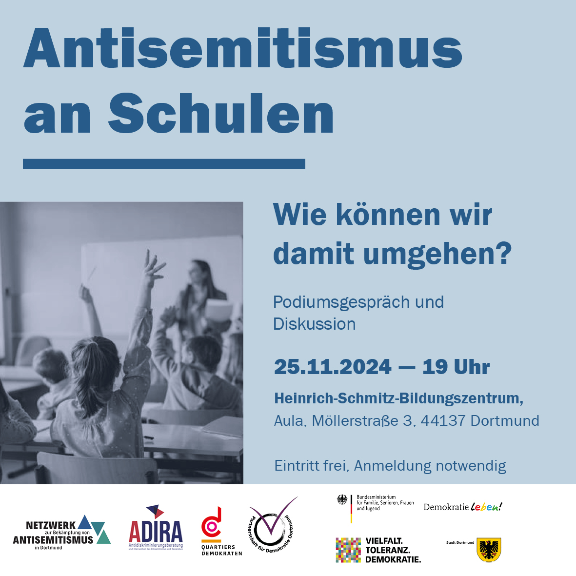 Am 25.11. um 19 Uhr laden wir gemeinsam <a href="/qd_dorstfeld/">Quartiersdemokraten</a> und dem Netzwerk zur Bekämpfung von Antisemitismus zu einem Podiumsgespräch unter dem Titel "#Antisemitismus an #Schulen - Wie können wir damit umgehen?" Anmeldung nötig, weitere Informationen hier: adira-nrw.de/podiumsgesprae…