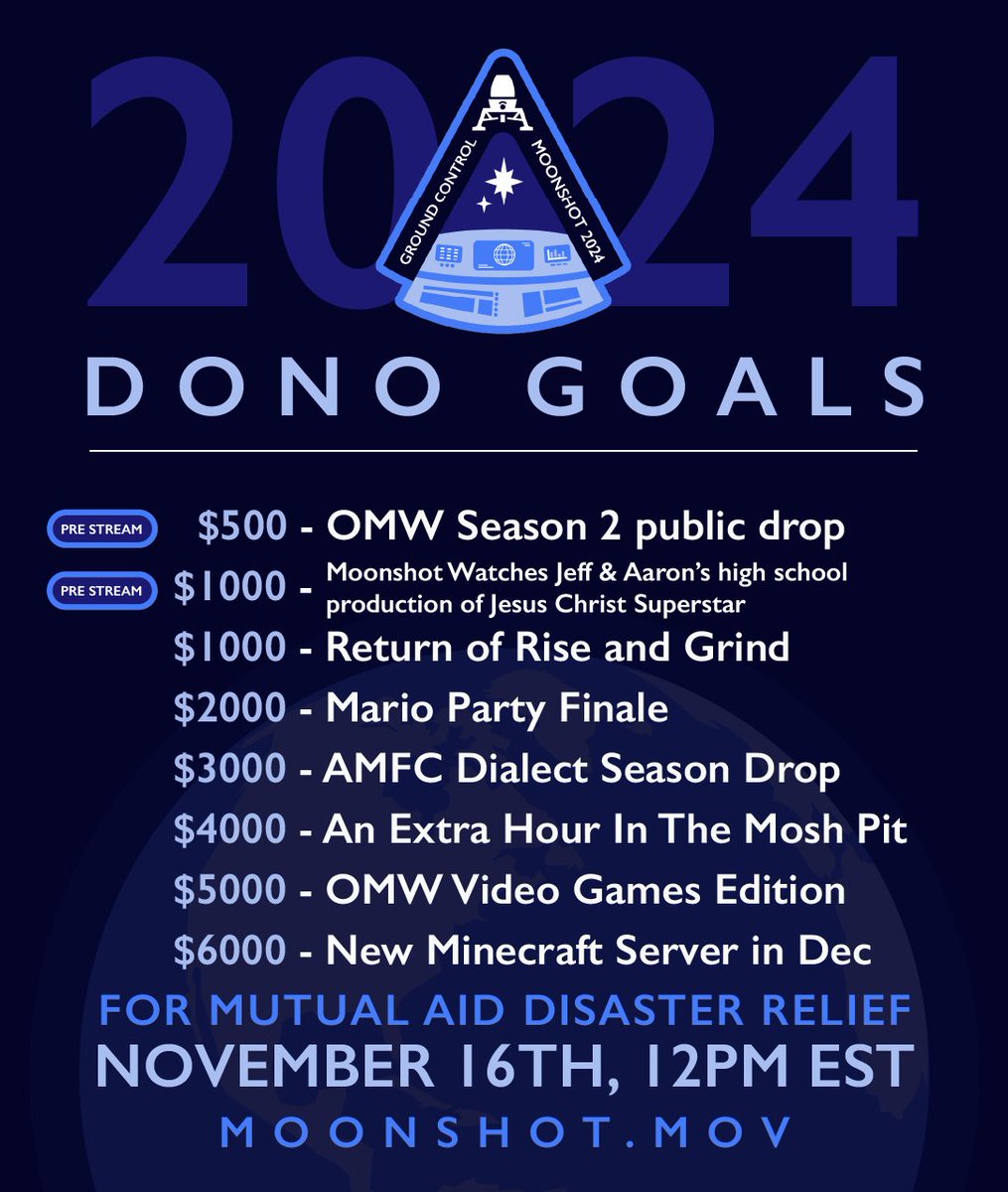 Ground Control, our 24+ hour charity stream for Mutual Aid Disaster Relief, is THIS WEEKEND. Come out for races, relays, sports, trivia, speedruns, Clone Hero, and more, at moonshot.mov!

Live schedule: moonshotpods.com/schedule
Donate: moonshotpods.com/donate