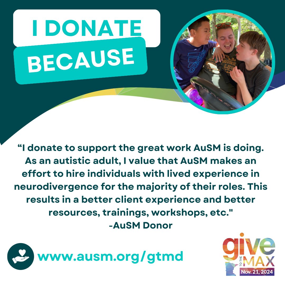 📅 Just ONE WEEK until #GiveToTheMaxDay! But you can double your impact by giving NOW! 

Thanks to a matching grant, every donation today goes TWICE as far in supporting autistic individuals and families in MN. 

Donate: ausm.org/gtmd

#AuSM #GTMD2024 #DoubleYourImpact