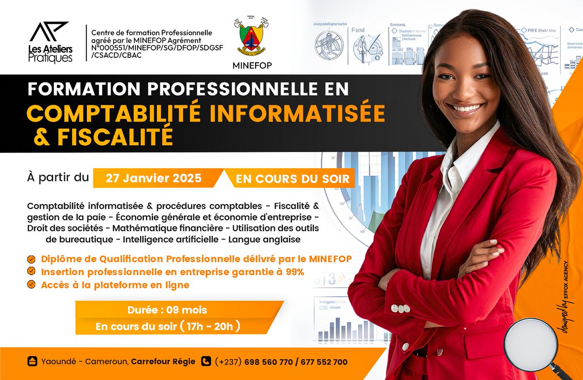 LesAteliersPra's tweet photo. 💰 Inscription: 45.000 FCFA | Frais de formation : 295.000 FCFA (payable en tranches)

📞 Plus d’infos : (+237) 698560770 / 677552700  

👉 Postulez ici : https://t.co/APE1ql9Tnz

#Formation #professionnelle #comptabilité #fiscalité #impots #Ohada #Lesatelierspratiques https://t.co/AYdpdkb1Wn
