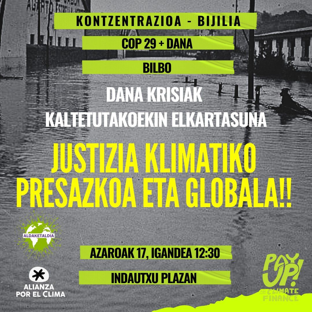 DANA ez da hondamendi naturala izan

Krisi klimatikoak, egokitzapen ezak eta iristeko orduak behar izan zituen erantzunak bultzatutako hondamendia izan da ❌

Krisi klimatikoaren biktimen alde, INOIZ EZ GEHIAGO

🕦17an ikusiko dugu elkar