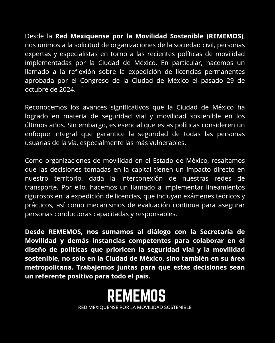 🚦 Desde REMEMOS pedimos que la expedición de licencias en CDMX incluya controles rigurosos. Las políticas de movilidad de la capital también impactan al Edomex.
 ¡Priorizamos la seguridad vial para todas las personas! 🚲🚶‍♀️

#MovilidadSostenible #SeguridadVial #REMEMOS