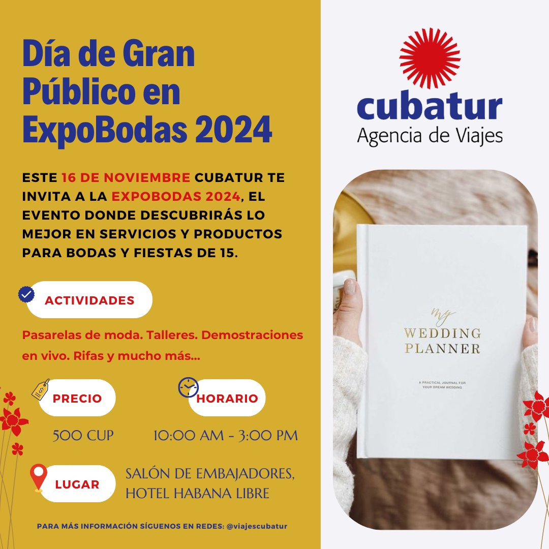 GrupoViajesCuba's tweet photo. 🎉 ¡Atención! 🎉
ExpoBodas tendrá un día para el Gran Público y no te lo puedes perder.
Toda la información 👇
#Expobodas #DíaDeGranPúblico #Cubatur https://t.co/Cbk0jmdXci