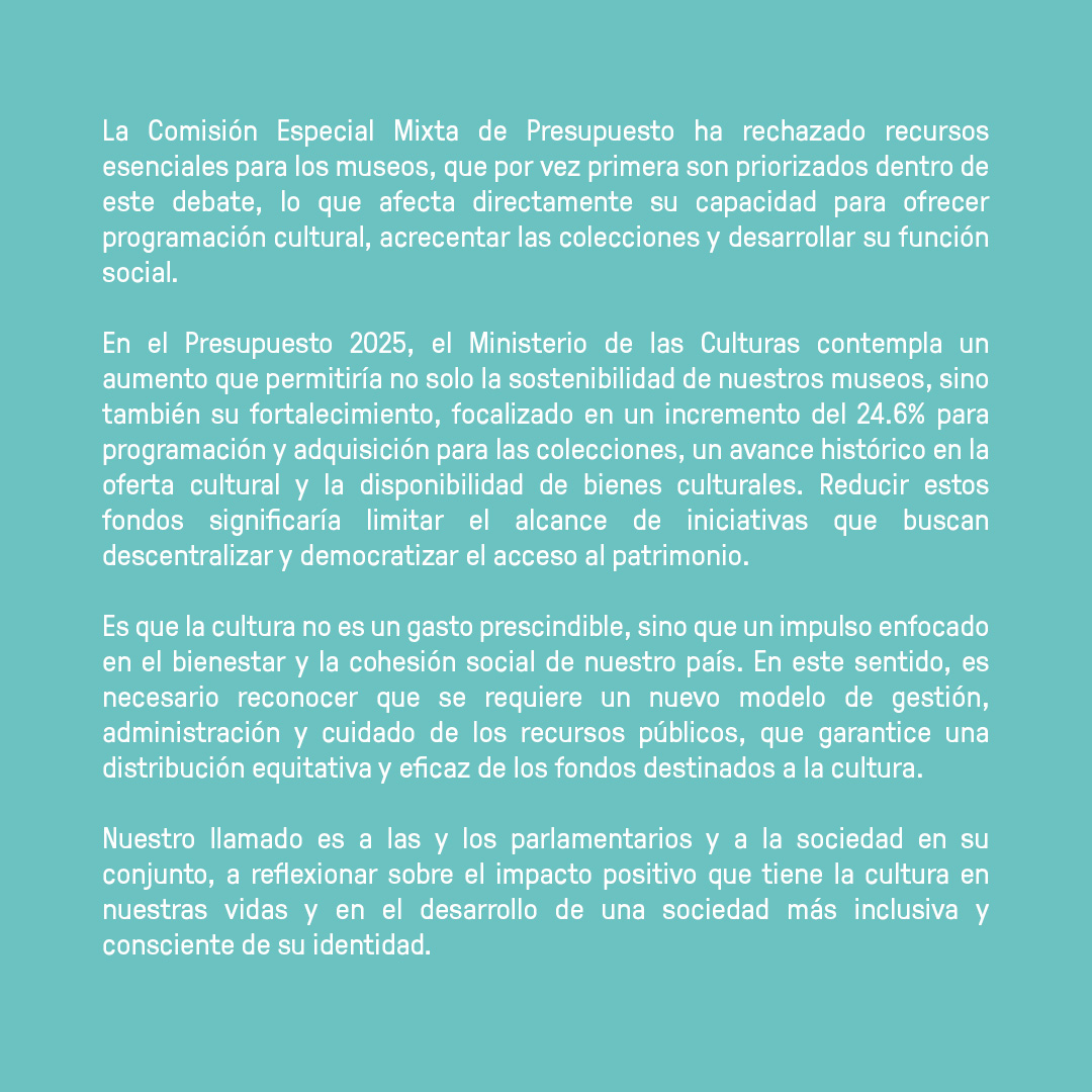 MuseoMemoriaCL's tweet photo. 🔴📄 | Declaración Pública:

En relación a la discusión presupuestaria para cultura del 2025, las y los directores de museos manifestamos nuestra preocupación sobre esta situación, la que afecta directamente la labor de nuestros espacios de memoria, arte y cultura. https://t.co/CBCcfTVTVv