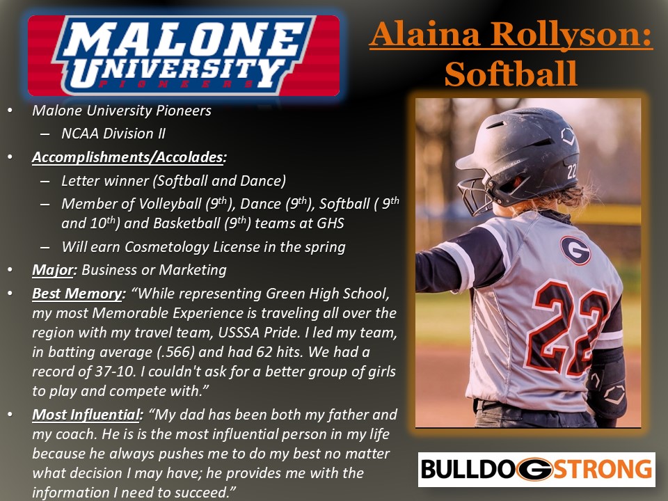 Athletic Signing Day: Congratulations to Alaina Rollyson who will continue her academic and athletic career at Malone University. Rollyson will join the Pioneers softball team and major in business/marketing. #BulldogProud