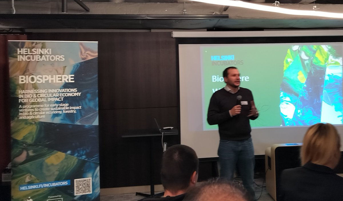 After a fruitful day of discussions about university innovation at <a href="/helsinkiuni/">University of Helsinki</a> <a href="/IncubatorsUH/">Helsinki Incubators</a> + expert mentors,  it's time to  Biosphere deal day supporting sustainability -focused startups. Pedro Gensini is on the stage and I can't wait to hear about all innovations 🚀