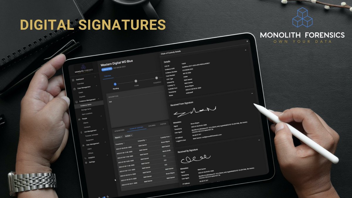 Monolith4n6's tweet photo. Frustrated by the mountains of paper when dealing with evidence? Implement a paperless Chain of Custody with digital signatures associated with digital evidence, so you can keep track of the trail U time stamps. Start today! https://t.co/YG1CHYbw5H
#dfir #casemanagement https://t.co/8J0QPgZTZn