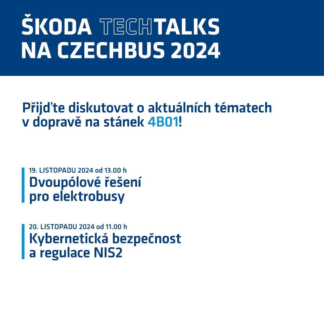 SkodaGroupCZ's tweet photo. 🔋🌐 Unikátní dvoupólové nabíjení pro elektrobusy a novinky v kybernetické bezpečnosti v dopravě – to jsou témata našich TechTalks na #Czechbus 2024! Přijďte na náš stánek 4B01 a nenechte si ujít setkání s našimi experty. Těšíme se! https://t.co/jn9QwWYEg9