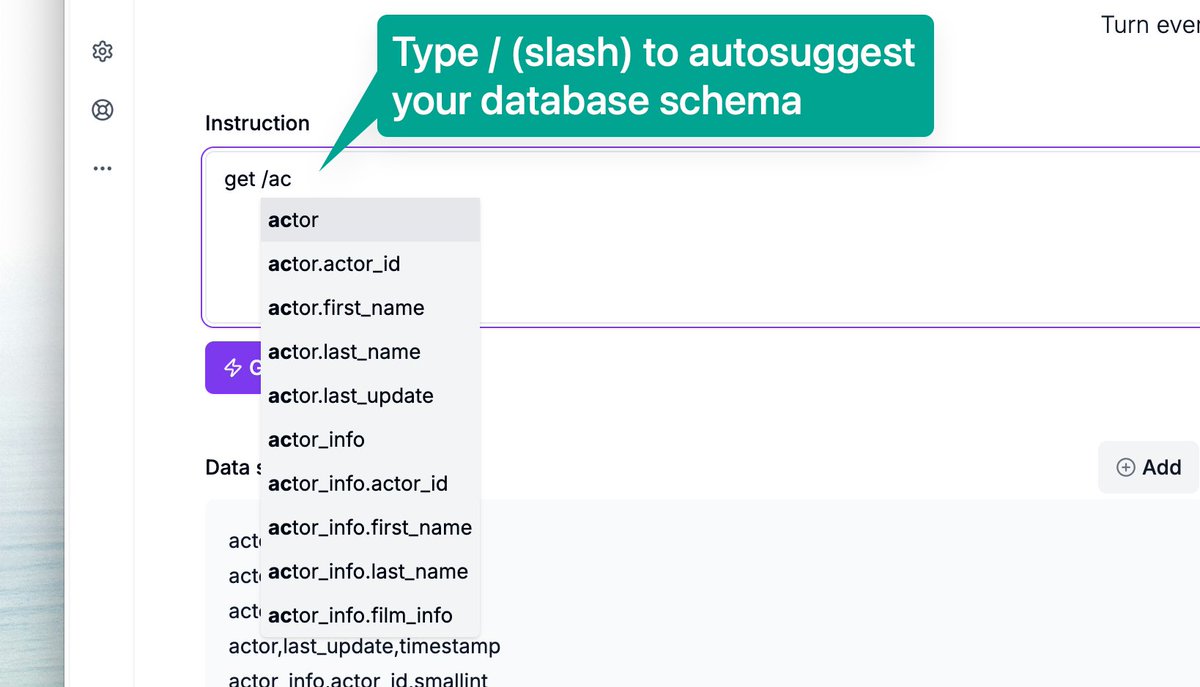 sqlai_ai's tweet image. How to generate more precise SQL queries:

1. Ensure that you have selected the data source
2. Use the autocomplete to quickly lookup table and column names
3. Set general &quot;data source rules&quot; that should always be applied to AI when generating queries

#sql #database