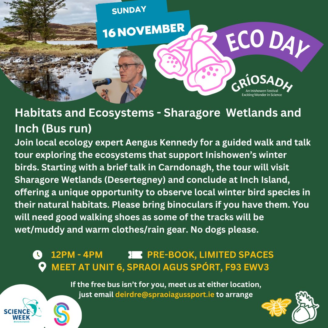 Come along on Sunday the 16th of November for ECO DAY with local ecology expert Angus Kennedy for a guided walk and talk.

Meeting at Unit 6, Spraoi agus Spórt, F93 EWV3
12 - 4 pm

Don't forget your binoculars, you never know what you will see.
#scienceweek2024 
#habitats