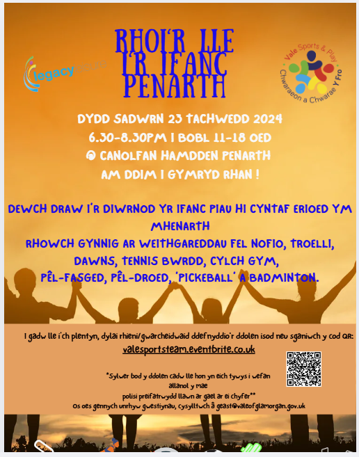 ⭐Rhoi'r Lle I'r Ifanc Penarth ⭐️
Pryd - 23 Tachwedd 2024 
Ble - Canolfan Hamdden Penarth 
Amser - 6.30-8.30pm
Cost - AM DDIM! 
Archebu trwy Eventbrite - penarthtakeover.eventbrite.co.uk
⚽️🏀🏓🏸🤾‍♀️