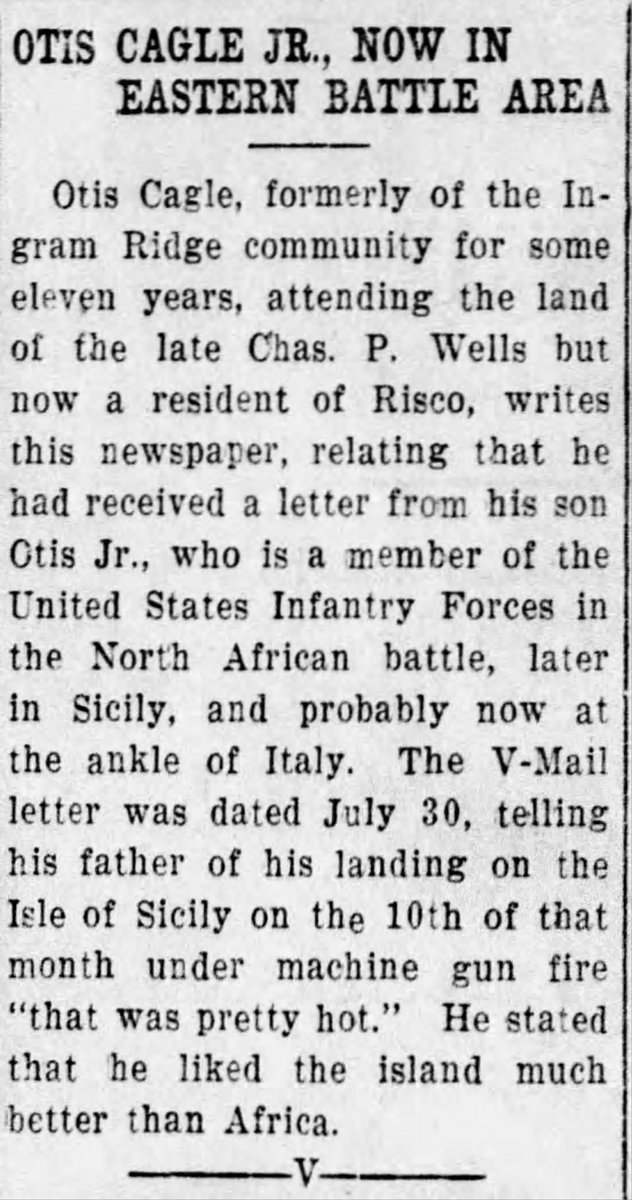 WW2Researcher's tweet image. PFC Otis S. Cagle, of Risco, Missouri, and Company F of the 30th Infantry Regiment, died of wounds at the 94th Evac. Hospital at Marzanella, Italy, on November 14, 1943, 81 years ago today. @3rd_Infantry @WW2Researcher @natvetsmuseum @SHSofMo