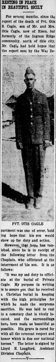 WW2Researcher's tweet image. PFC Otis S. Cagle, of Risco, Missouri, and Company F of the 30th Infantry Regiment, died of wounds at the 94th Evac. Hospital at Marzanella, Italy, on November 14, 1943, 81 years ago today. @3rd_Infantry @WW2Researcher @natvetsmuseum @SHSofMo