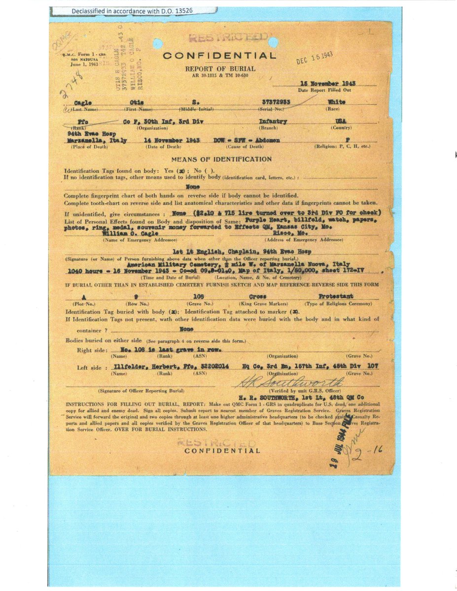 WW2Researcher's tweet image. PFC Otis S. Cagle, of Risco, Missouri, and Company F of the 30th Infantry Regiment, died of wounds at the 94th Evac. Hospital at Marzanella, Italy, on November 14, 1943, 81 years ago today. @3rd_Infantry @WW2Researcher @natvetsmuseum @SHSofMo