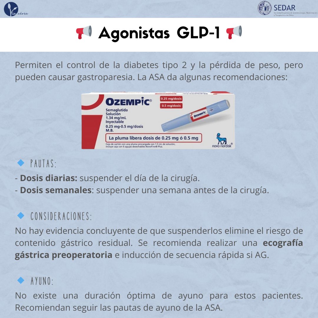 #VíaAéreaSEDAR
¿Qué hacemos cuando tu paciente toma agonistas GLP-1? 🤔🧐 

👉🏼 Mira lo que acaba de publicar la <a href="/ASALifeline/">ASA®</a>  al respecto: doi.org/10.1097/ALN.00… 

Y para los más vagos, os dejamos este resumen 😜😎