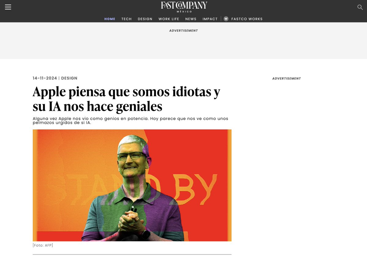 Apple piensa que somos idiotas y su IA nos hace geniales. Alguna vez Apple nos vio como genios en potencia. Hoy parece que nos ve como unos pelmazos urgidos de su IA. ¿Alguien lo ha notado en sus videos de comunicación de Apple Intelligence?  fastcompany.mx/2024/11/14/app…