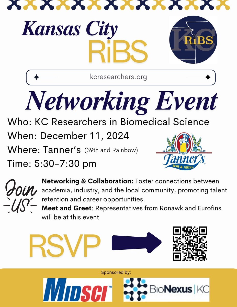 We are excited to announce our next KC RiBS Networking event at the Tanner's on the  corner of 39th and Rainbow, on Dec. 11 @ 5:30pm. Representatives from Ronawk and Eurofins will be there to share industry insight! Please  share, repost, and RSVP here: form.jotform.com/243095150161145