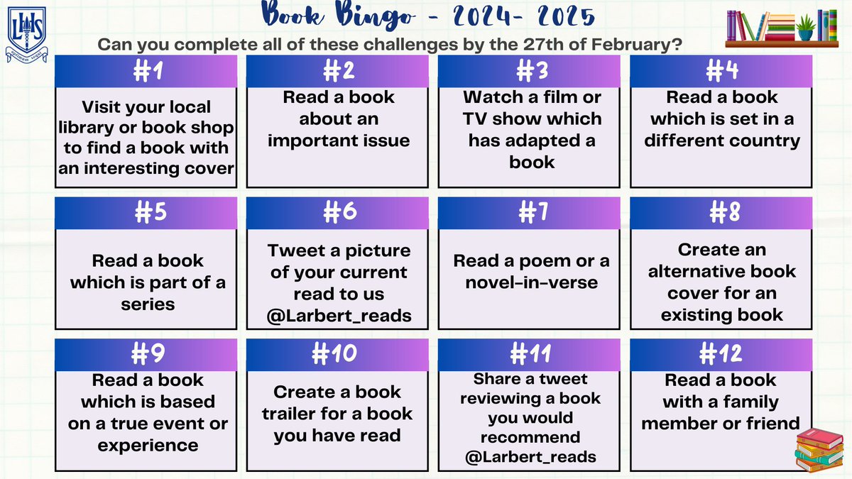 LHS Reading Ambassadors (@larbert_reads) on Twitter photo ๐ Ready for a challenge? Join our Book Bingo!
Pupils, staff, & families: complete all challenges by 27th February to be in with a chance to win! ๐ Winners announced on World Book Day! ๐๐
Keep us posted on your progress and achievementsโwe'd love to see! ๐ฏ๐ ๐ Ready for a challenge? Join our Book Bingo!
Pupils, staff, & families: complete all challenges by 27th February to be in with a chance to win! ๐ Winners announced on World Book Day! ๐๐
Keep us posted on your progress and achievementsโwe'd love to see! ๐ฏ๐