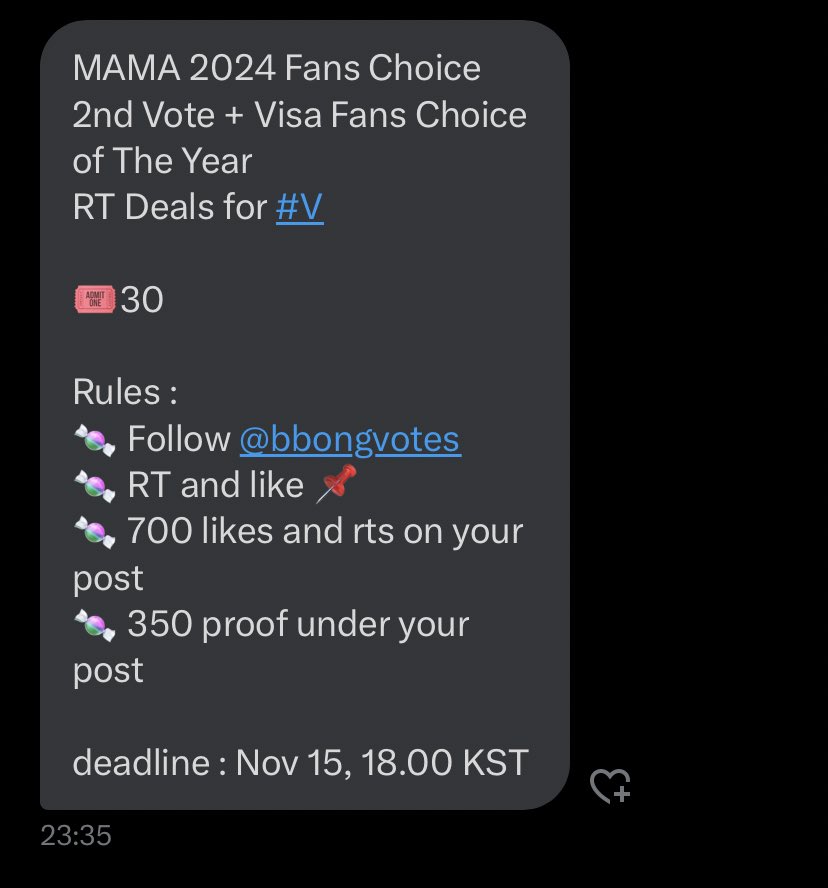 MAMA 2024 Fans Choice 2nd Vote + Visa Fans Choice of The Year
RT Deals for #V

🎟30

Rules : 
🍬 Follow <a href="/bbongvotes/">뽕</a>
🍬 RT and like 📌
🍬 700 likes and rts on your post
🍬 350 proof under your post

deadline : Nov 15, 18.00 KST
#2024MAMAvote