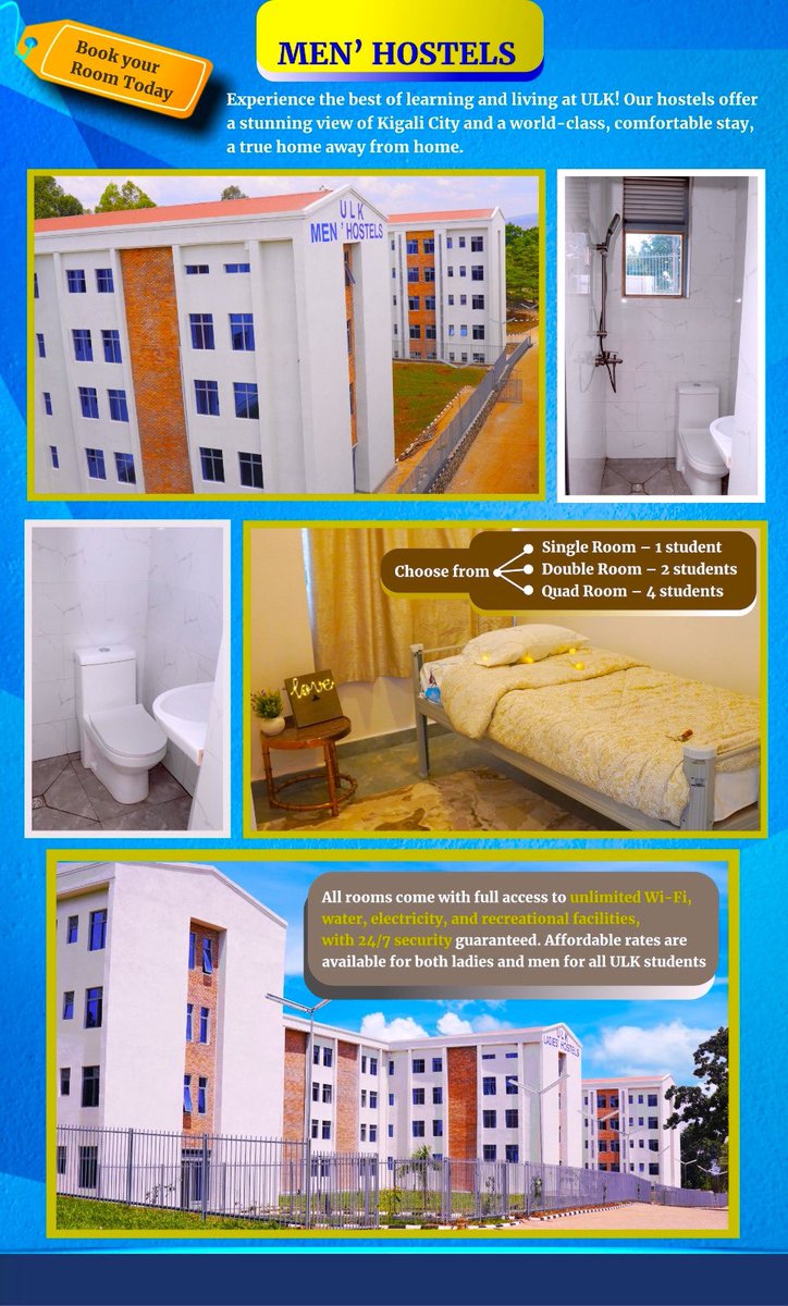 Enjoy comfort, security, and the best view of Kigali at ULK’s hostels! Now open for bookings, with options for single, double, or shared rooms. Perfect for students seeking a seamless living and learning experience. #ULKHostels