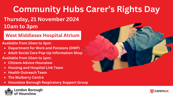 Hounslow Connect (@hounslowconnect) on Twitter photo There will be a special pop-up #CommunityHub at <a href="/WestMidHospital/">West Middlesex University Hospital</a> offering information, advice & support for carers! Learn about carers rights and the support available to prepare for this winter.
🗓️Thurs 21 Nov, 10am - 3pm.
hounslowconnect.com
#CarersRightsDay There will be a special pop-up #CommunityHub at <a href="/WestMidHospital/">West Middlesex University Hospital</a> offering information, advice & support for carers! Learn about carers rights and the support available to prepare for this winter.
🗓️Thurs 21 Nov, 10am - 3pm.
hounslowconnect.com
#CarersRightsDay