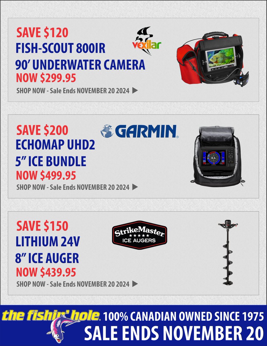 The Fishin' Hole (@thefishinholeca) on Twitter photo Ice, Ice Baby! Check out these new Weekly Specials
Fish-Scout 800IR Underwater Camera - $120 off - thefishinhole.com/vexilar-fish-s…
Garmin Echomap UDH 2 5” Ice Bundle - $200 off - thefishinhole.com/garmin-echomap…
Strikemaster Lithium 24 Volt 8” Ice Auger – $150 off - thefishinhole.com/strikemaster-l… Ice, Ice Baby! Check out these new Weekly Specials
Fish-Scout 800IR Underwater Camera - $120 off - thefishinhole.com/vexilar-fish-s…
Garmin Echomap UDH 2 5” Ice Bundle - $200 off - thefishinhole.com/garmin-echomap…
Strikemaster Lithium 24 Volt 8” Ice Auger – $150 off - thefishinhole.com/strikemaster-l…