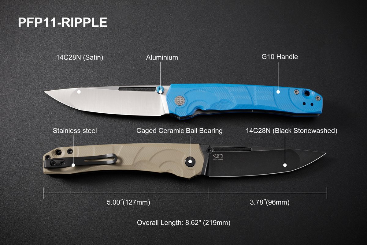 FishPetrified's tweet photo. New Knife Alert!

We are excited to announce that our new folding knife, developed in collaboration with Sebastian Irawan Design, is now available for sale.

Its name is inspired by the ripple-like textures on the scale, which provide a rich tactile feel and excellent anti-slip performance.

The #PFP11 - Ripple features a 96mm Drop Point Hollow blade, delivering exceptional cutting performance.

Ripple also offers multiple deployment methods, including Thumb Hole, Front Flipper, and Thumb Stud, making it perfect for various work scenarios, such as when wearing gloves or using one hand.

As always, it comes with an early bird discount that you won’t want to miss!

@sebastian_irawan #Petrifiedfish
#14C28N #G10
